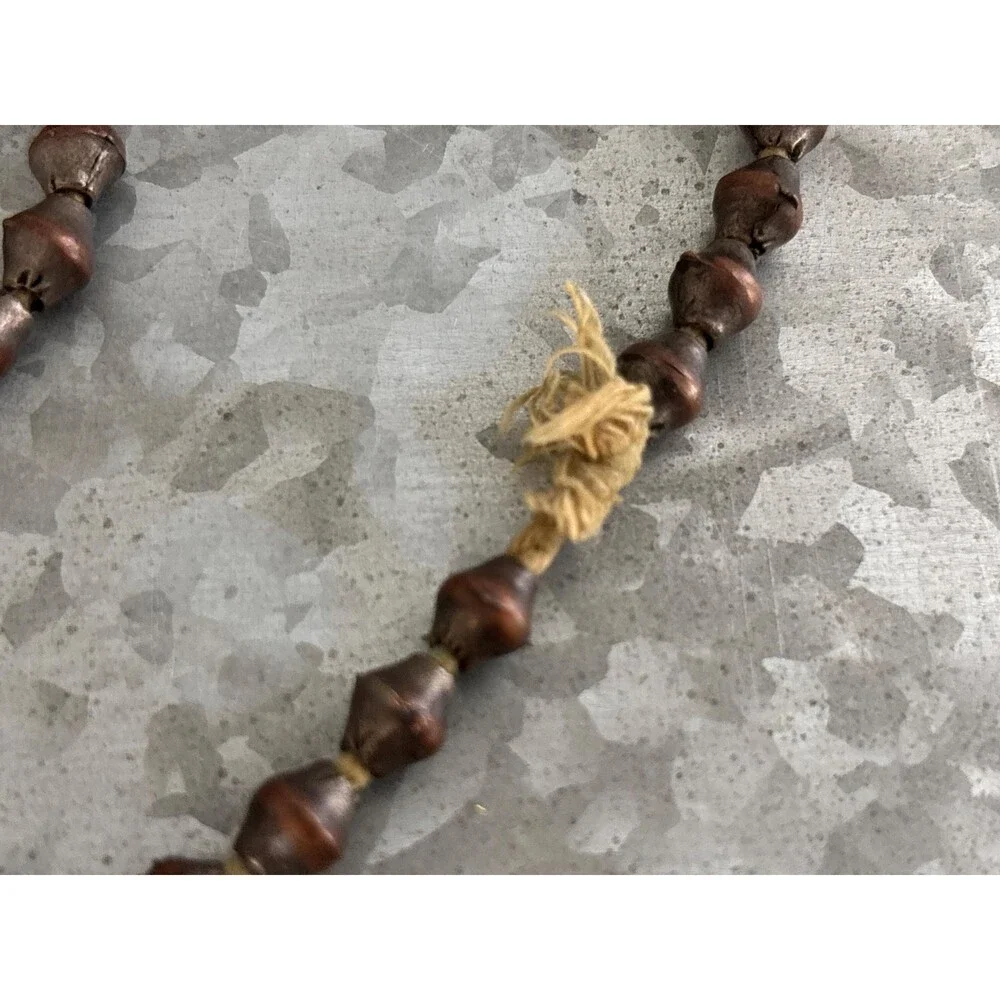 Vintage Hand Strung Metal Beaded Necklace Aged Copper Toned Beads Fiber Cord